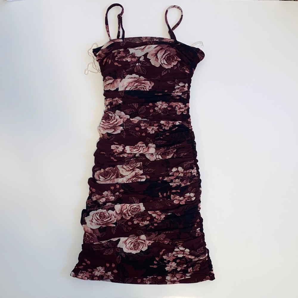 Teeze Me Burgundy Floral Ruched Mini Slip Dress